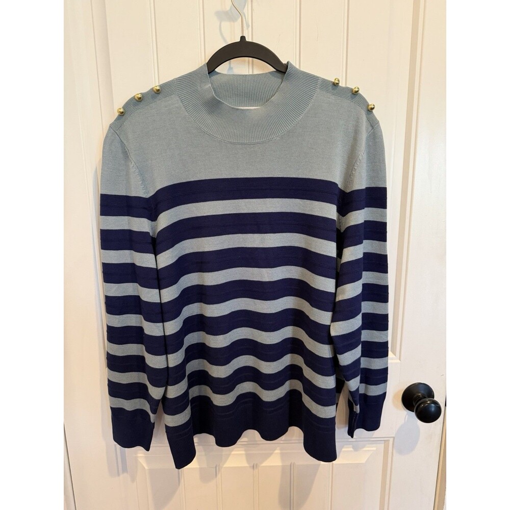Retrology Women 1X Blue Stripe Mock Neck Sweater Gold Shoulder Buttons Plus